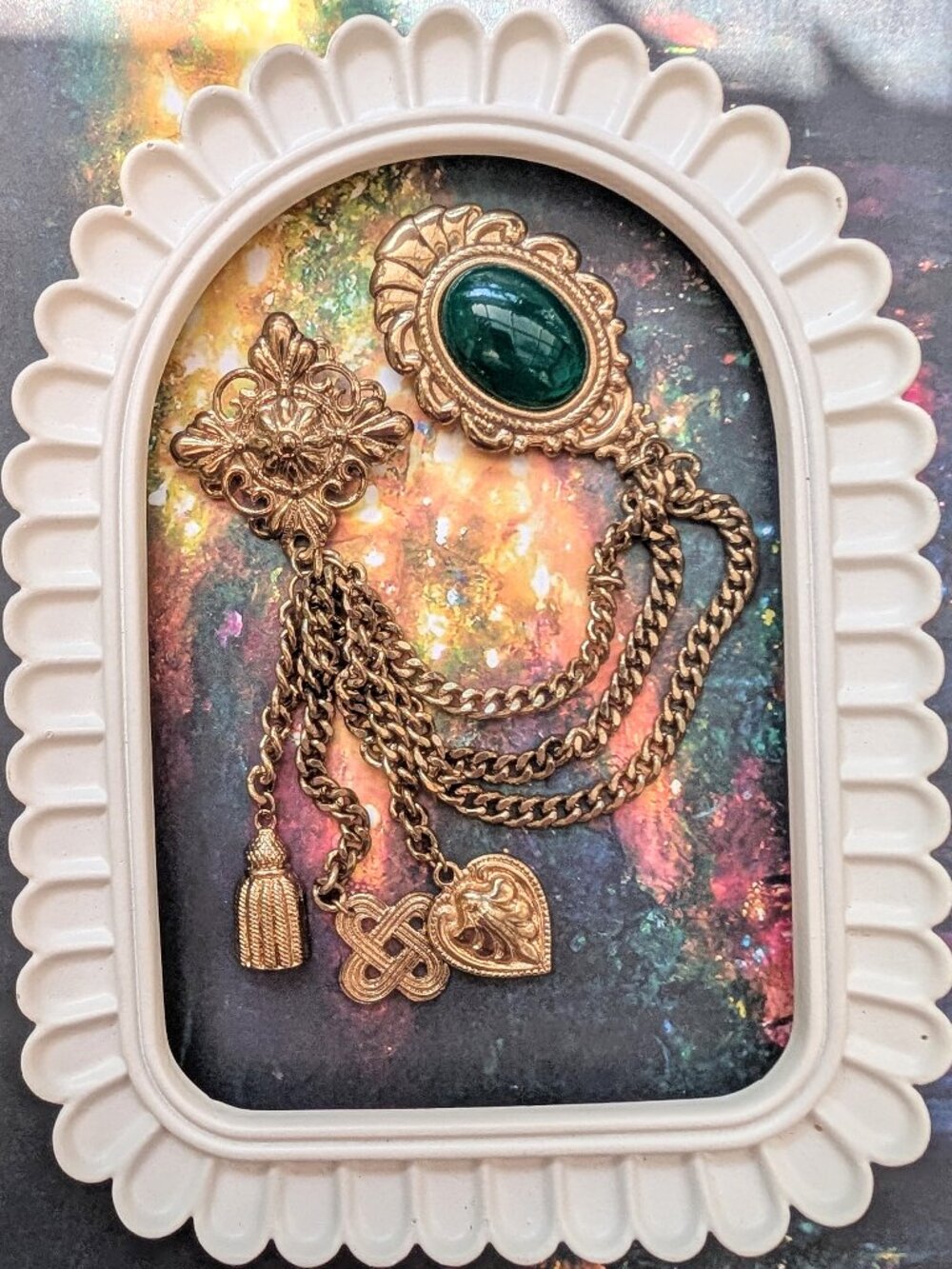 Vintage Chatelaine Brooch with Medallion Brooches, Charms & Triple Chains